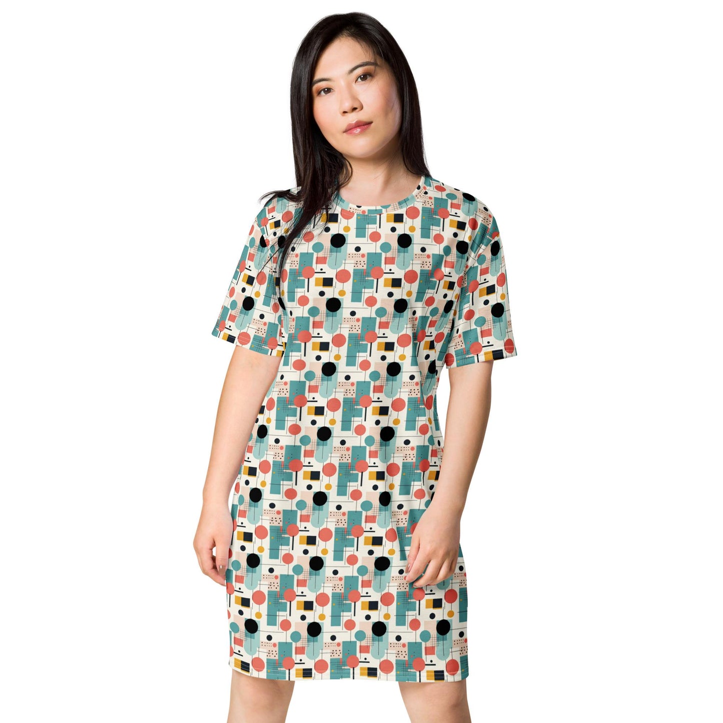 90&#39;s Retro Geometric Print Women’s Shirt Dress – Bold, Stylish & Timeless T-shirt dress Everyday Female Wear