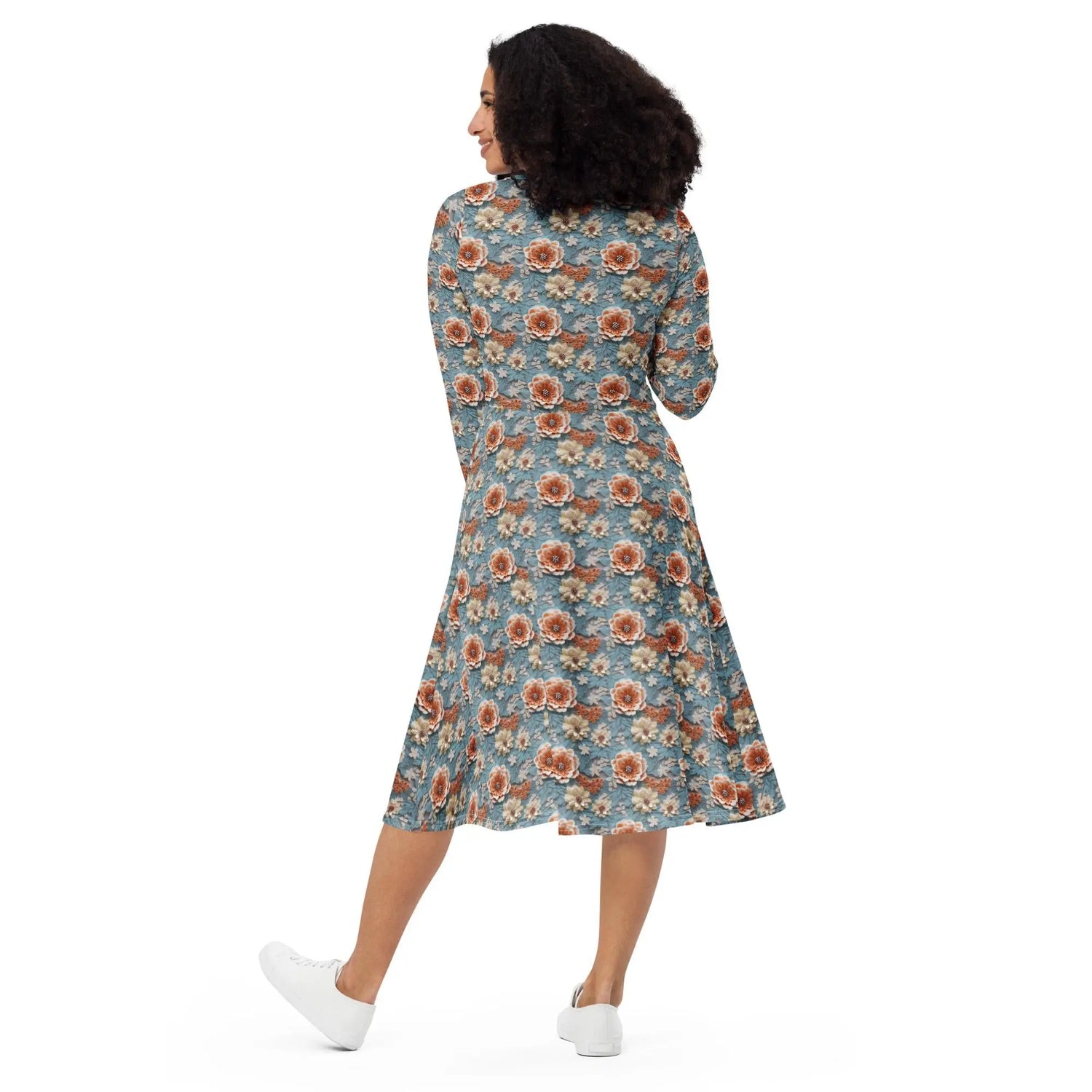 Stunning All-Over Floral 3D Print Long Sleeve Midi Dress – Elegance Meets Style All-over pattern casual fun dress