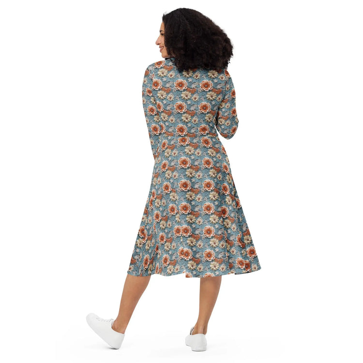Stunning All-Over Floral 3D Print Long Sleeve Midi Dress – Elegance Meets Style All-over pattern casual fun dress
