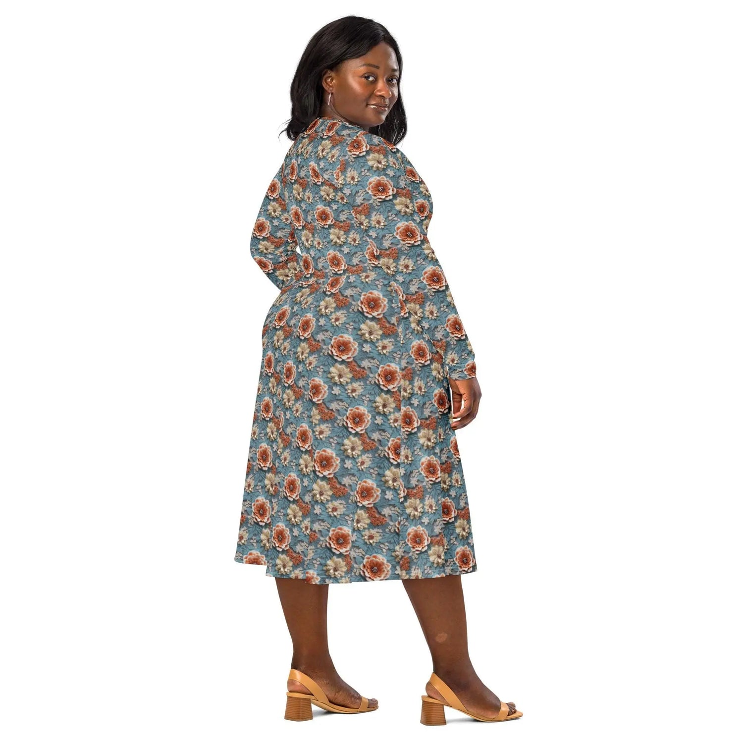 Stunning All-Over Floral 3D Print Long Sleeve Midi Dress – Elegance Meets Style All-over pattern casual fun dress