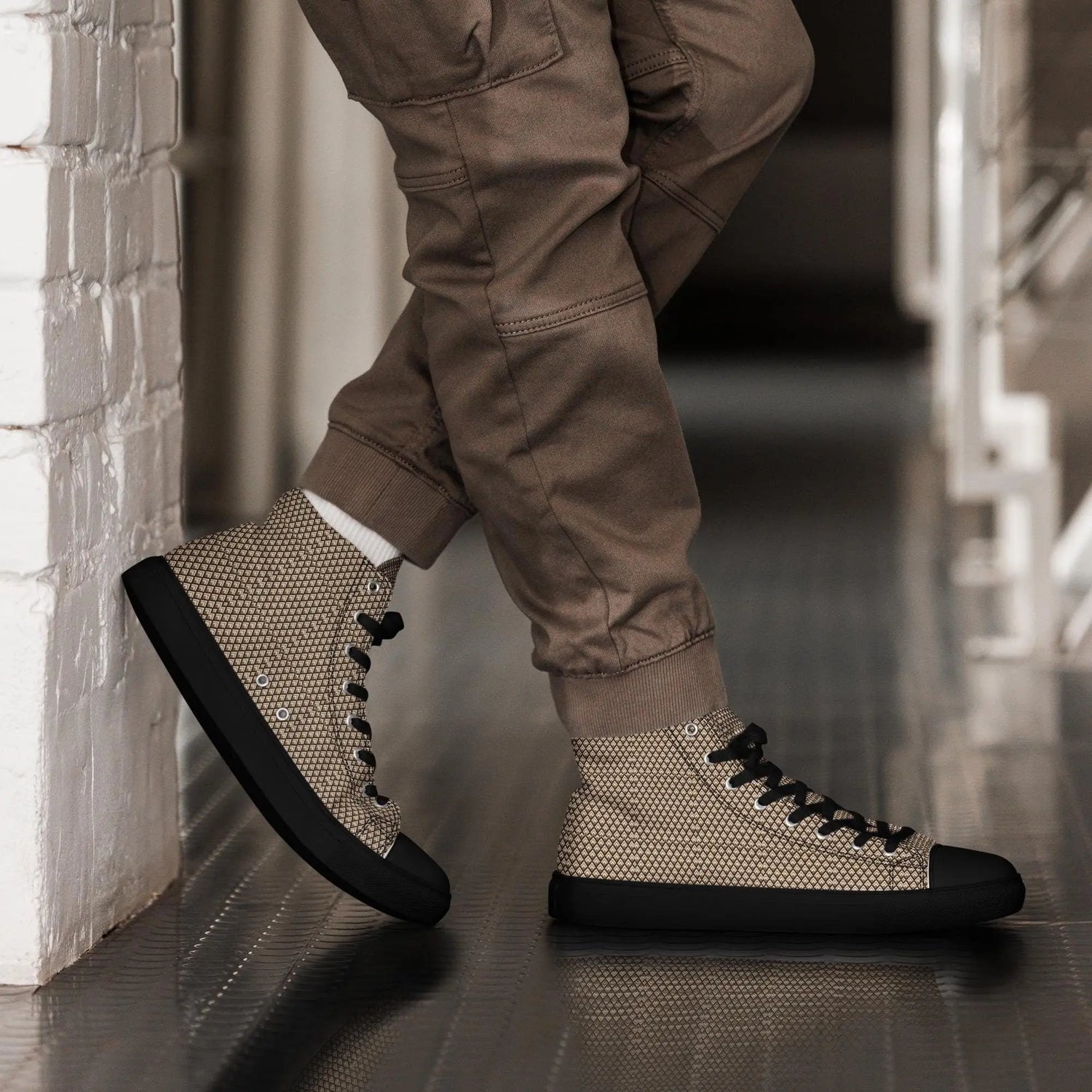 Geometric All-Over Pattern Men’s High Tops | Trendy Custom Sneakers | Stylish Modern Footwear for Men | Unique, Bold & Comfortable