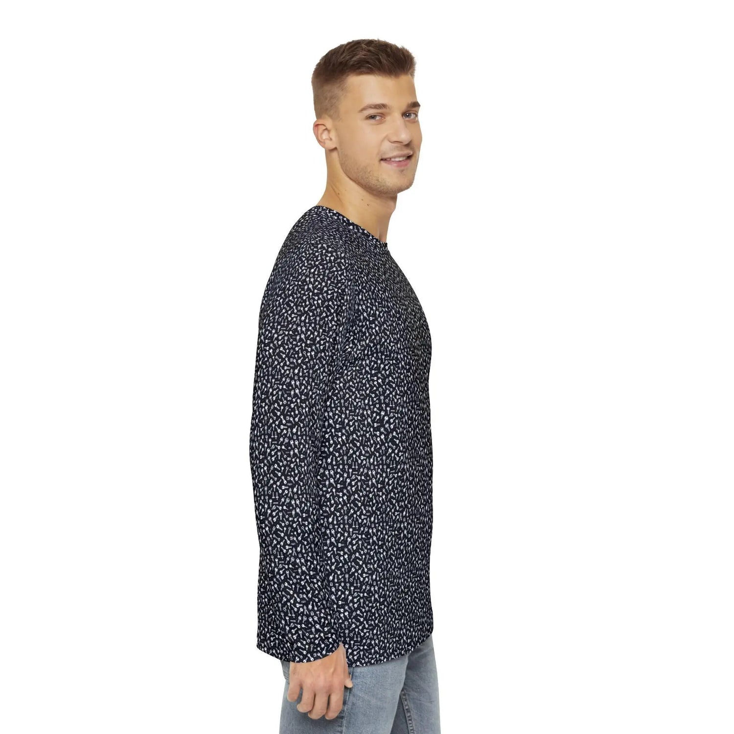 Mens Long Sleeve Print Shirt - Geometric Keys Design, Casual Mens Top, Everyday Wear, Birthday Gift, Lightweight Layering