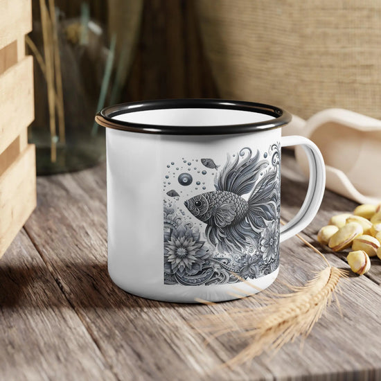Stylish Enamel Camp Cup with Artistic Fish Design, Perfect for Outdoor Adventures, Camping, and Coffee Lovers, Unique Gift Idea, Fishing,