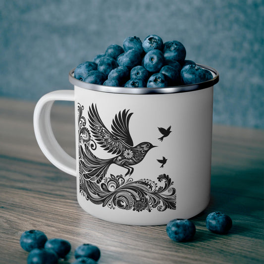Boho Enamel Camping Mug with Bird Design, Perfect for Nature Lovers, Hiking, Outdoor Adventures, Gifts for Campers, Unique Travel Mug