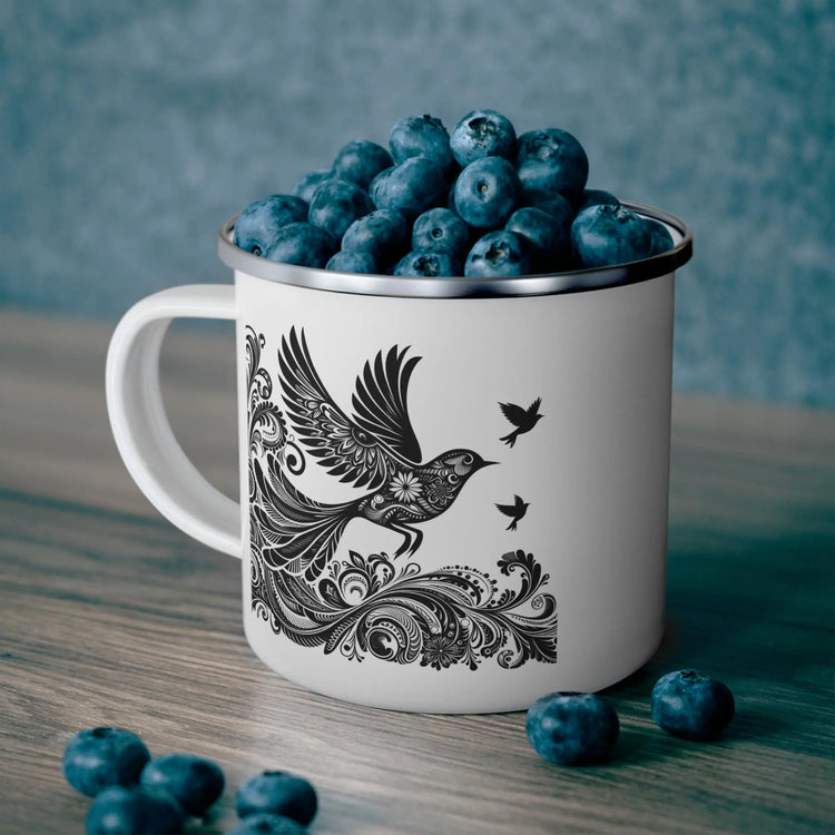 Boho Enamel Camping Mug with Bird Design, Perfect for Nature Lovers, Hiking, Outdoor Adventures, Gifts for Campers, Unique Travel Mug