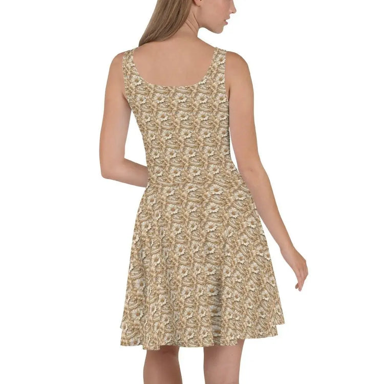 Womens Trendy White Gold Floral Skater Dress - Elegant Allover Print, Perfect for Parties, Weddings, or Special Occasions