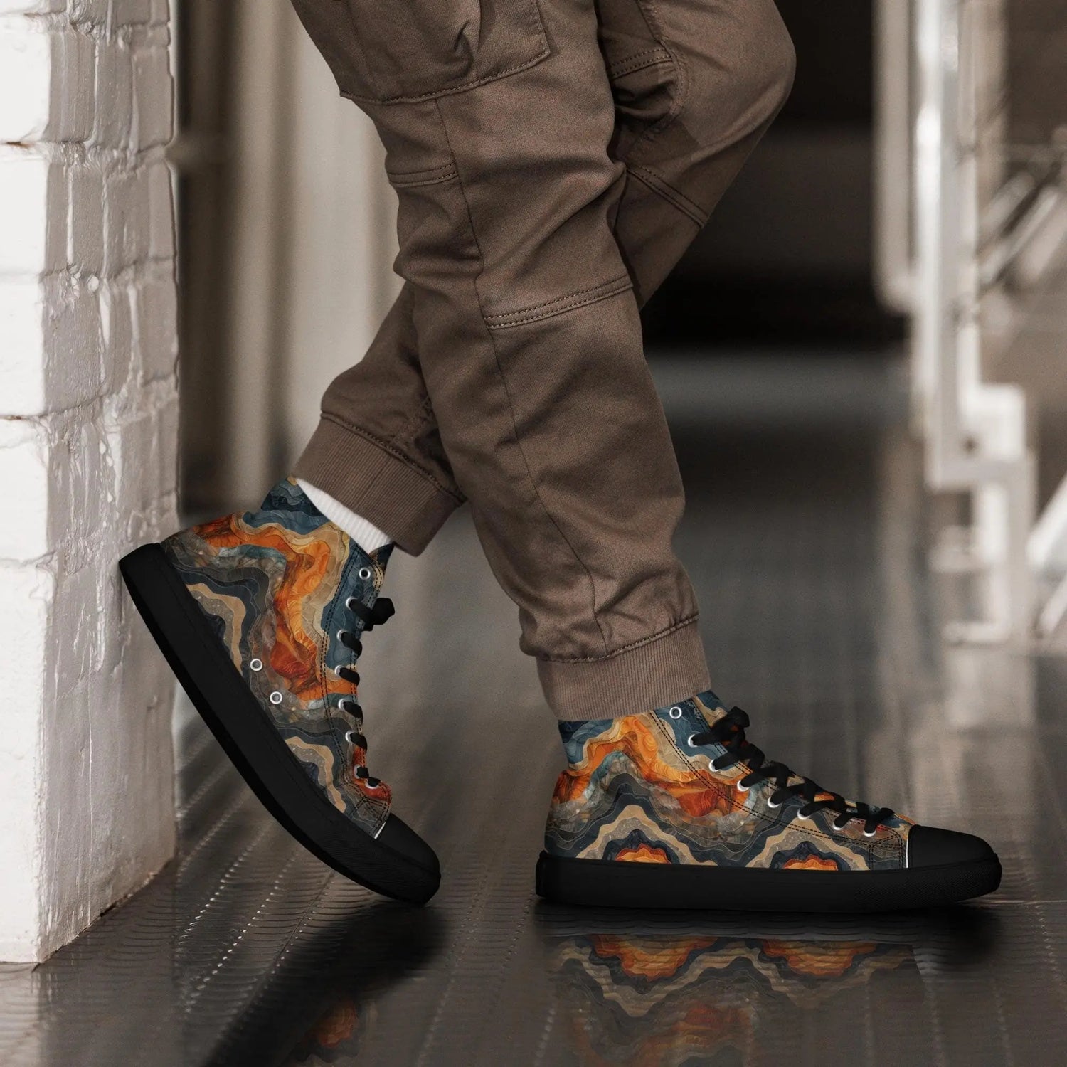 Men’s Earthtone Marble Design High Top Sneakers - Unique Marble Pattern, Trendy Casual Footwear, Stylish & Comfortable Sneakers