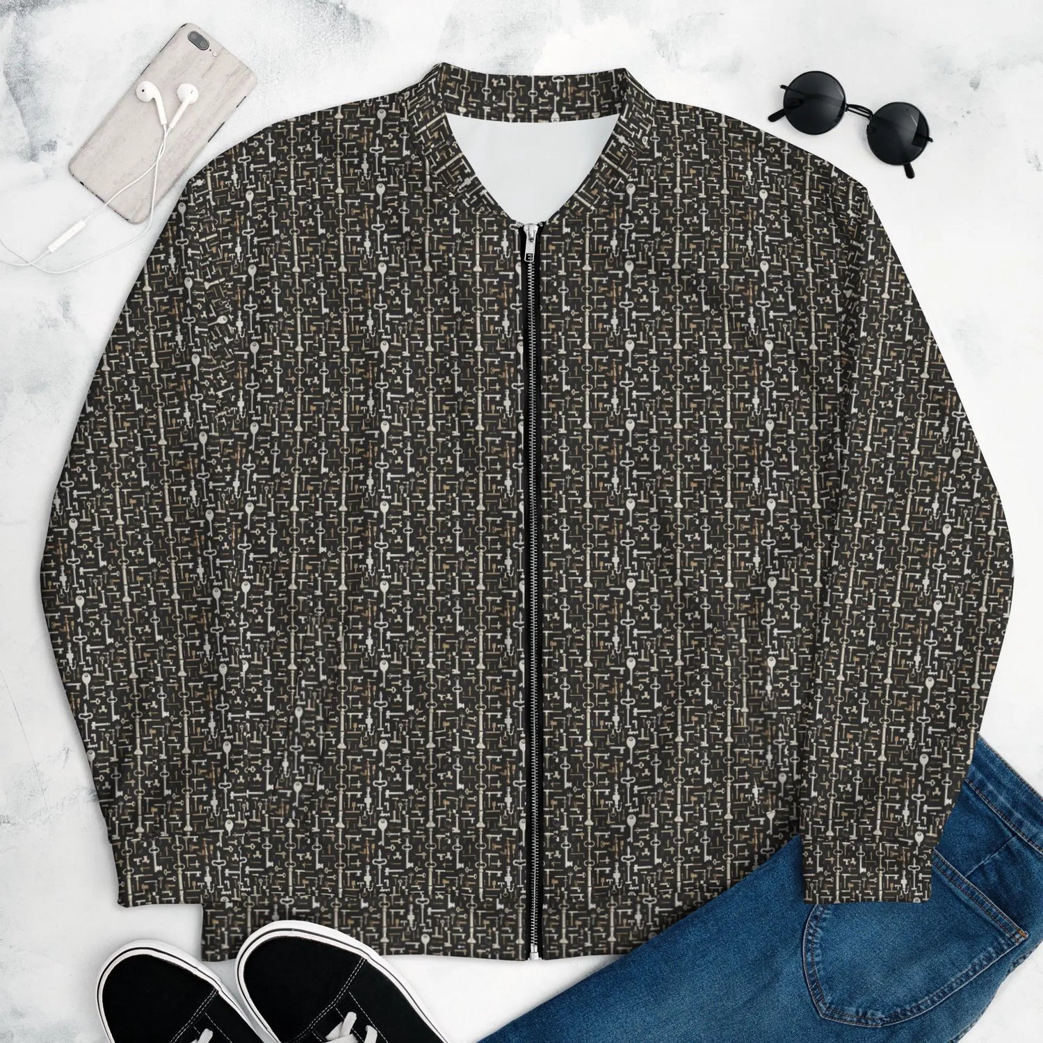 Men’s Geometric All-Over Pattern Bomber Jacket – Stylish & Trendy Streetwear Jacket for Modern Men – Fashionable Outerwear