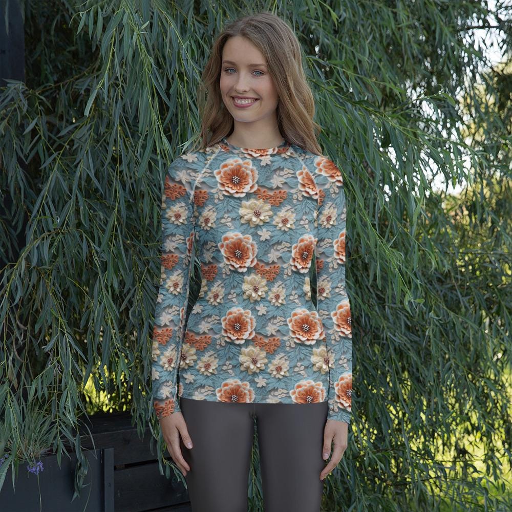 Floral Women&#39;s Rashguard Top | All-Over Pattern UV Protection for Active Everyday Wear | Stylish & Comfortable Swim Shirt for Sun Protection