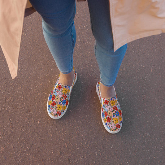 Hand-Painted Floral Print Canvas Slip-On Shoes for Women | Custom Floral Design Flats | Comfortable Everyday Slip-Ons | Unique Canvas Shoes