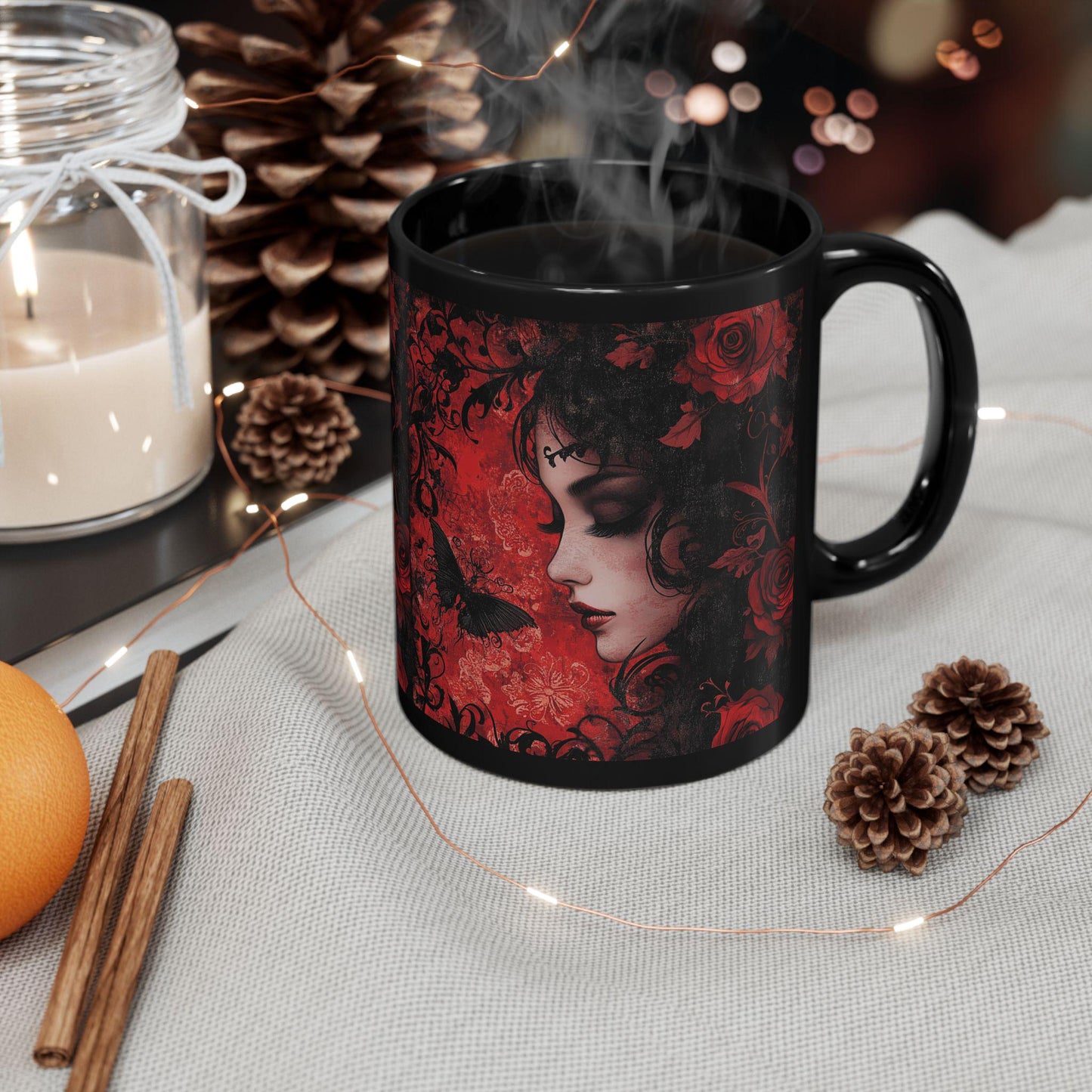 Gothic Romance Mug | Black Mug with Floral Design | Perfect Gift, Home Decor, Coffee Lover's Essential, Halloween Decoration, Unique Art