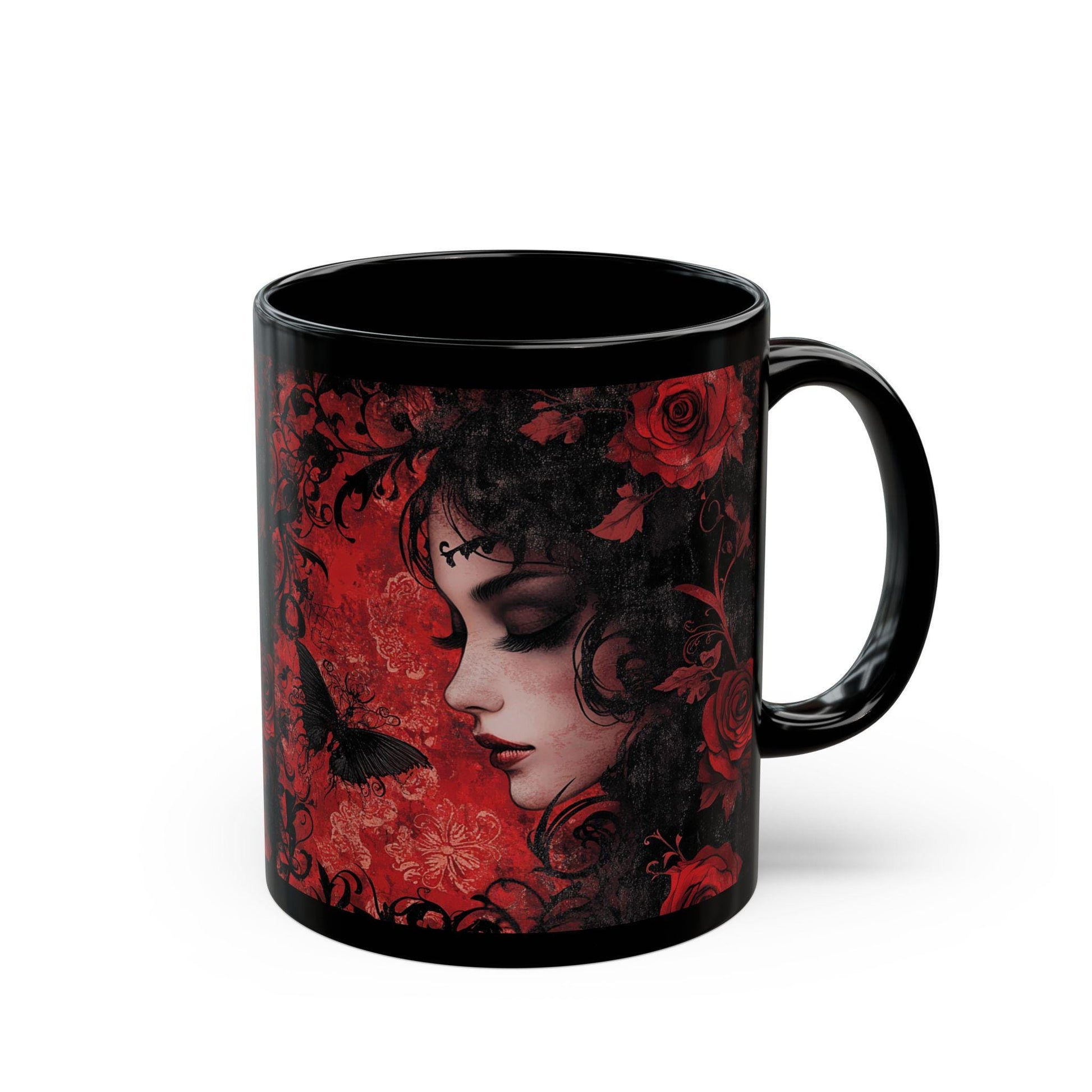 Gothic Romance Mug | Black Mug with Floral Design | Perfect Gift, Home Decor, Coffee Lover's Essential, Halloween Decoration, Unique Art