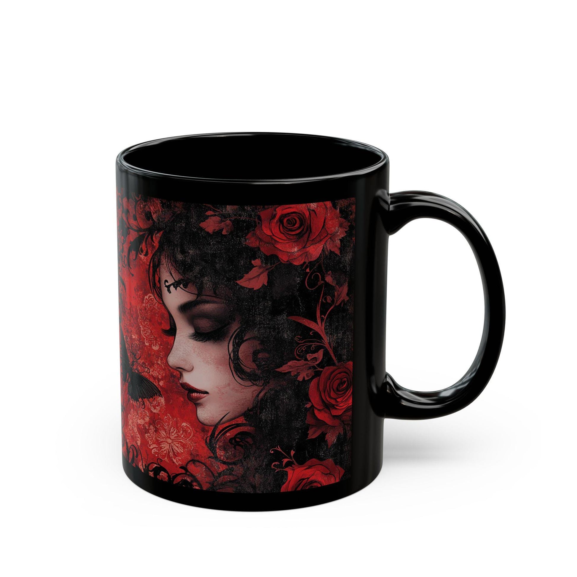 Gothic Romance Mug | Black Mug with Floral Design | Perfect Gift, Home Decor, Coffee Lover's Essential, Halloween Decoration, Unique Art