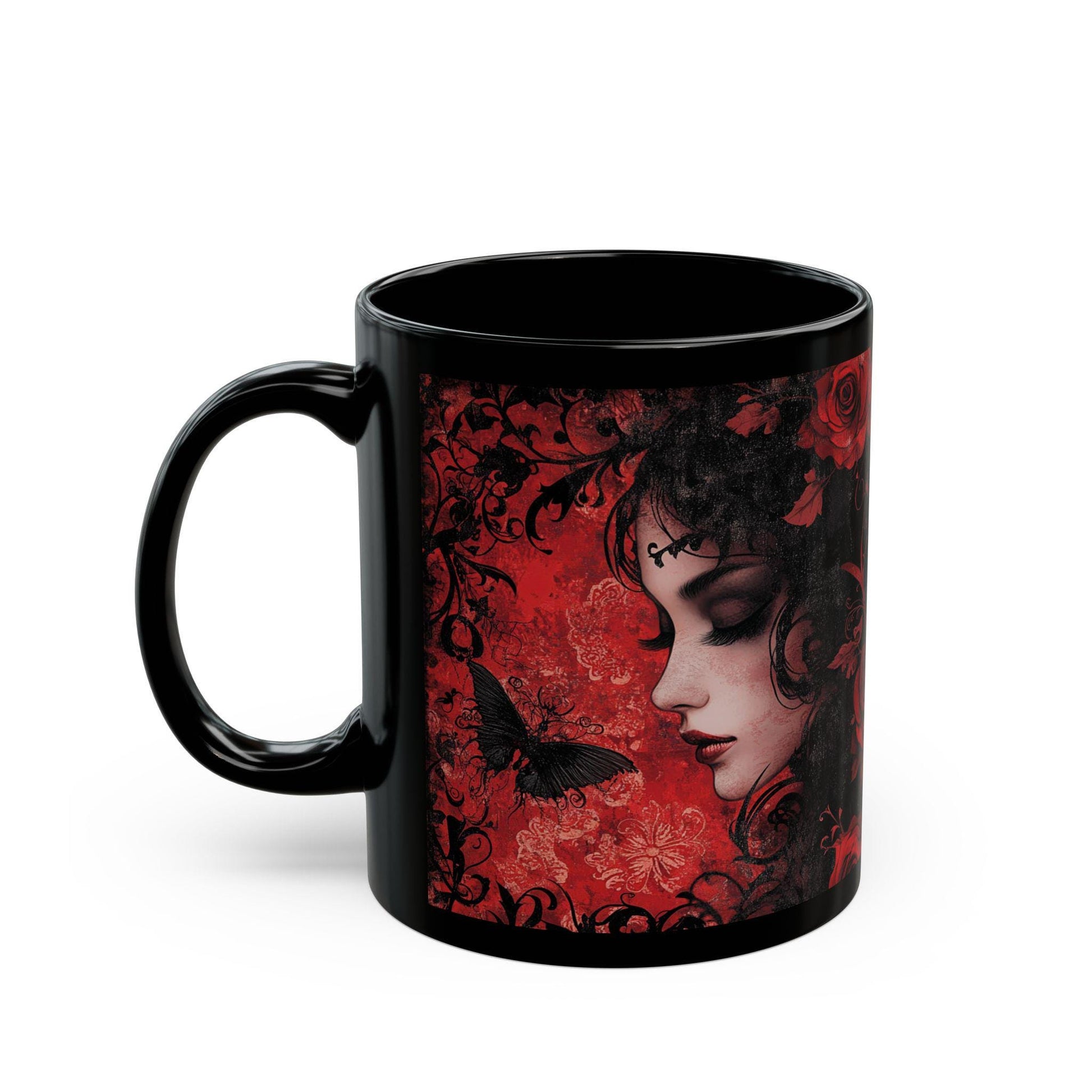 Gothic Romance Mug | Black Mug with Floral Design | Perfect Gift, Home Decor, Coffee Lover's Essential, Halloween Decoration, Unique Art