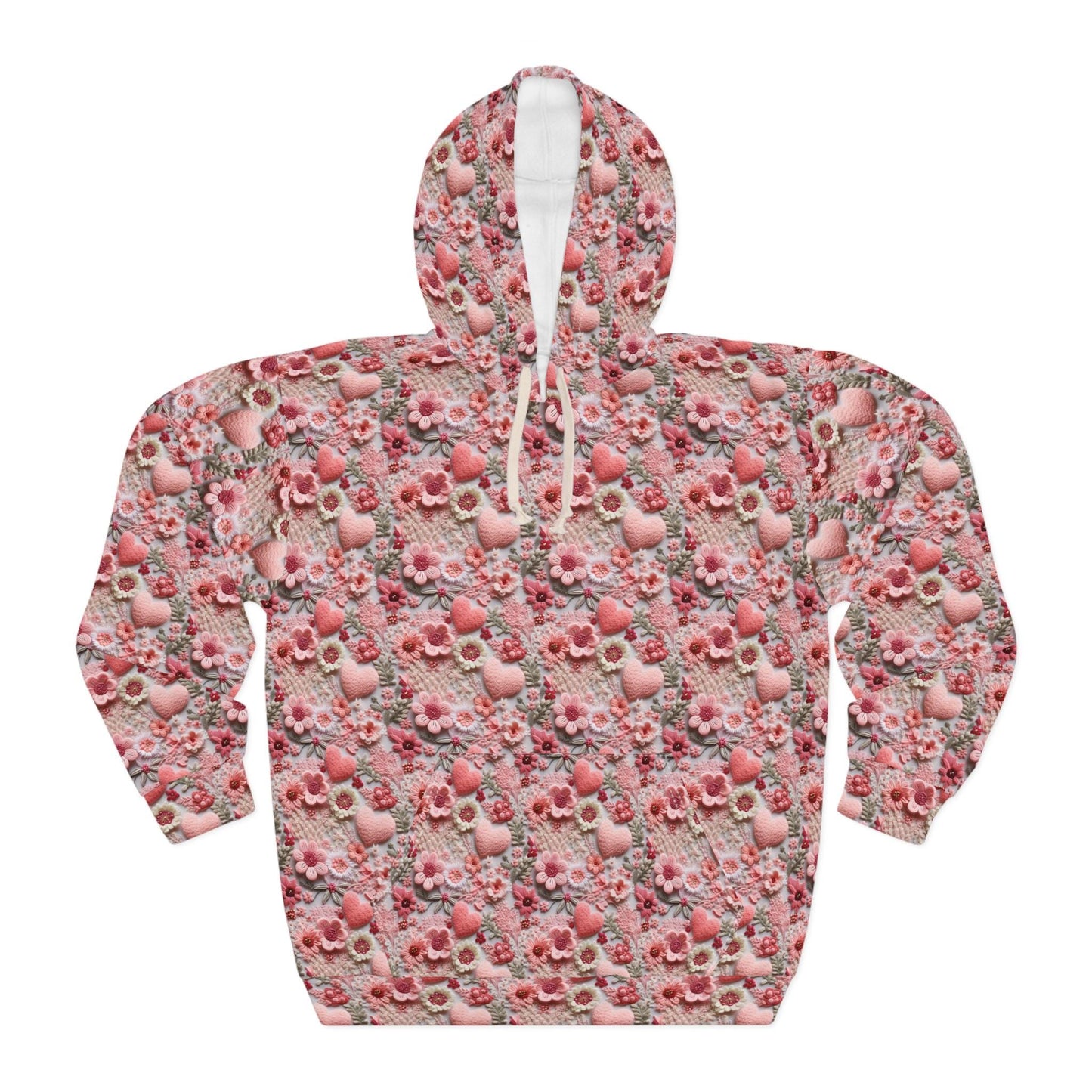 Pink Floral Heart Happiness Women's Pullover Hoodie, Cozy Sweatshirt, Gift for Her, Cute Floral Sweater, Casual Streetwear, Spring Fashion