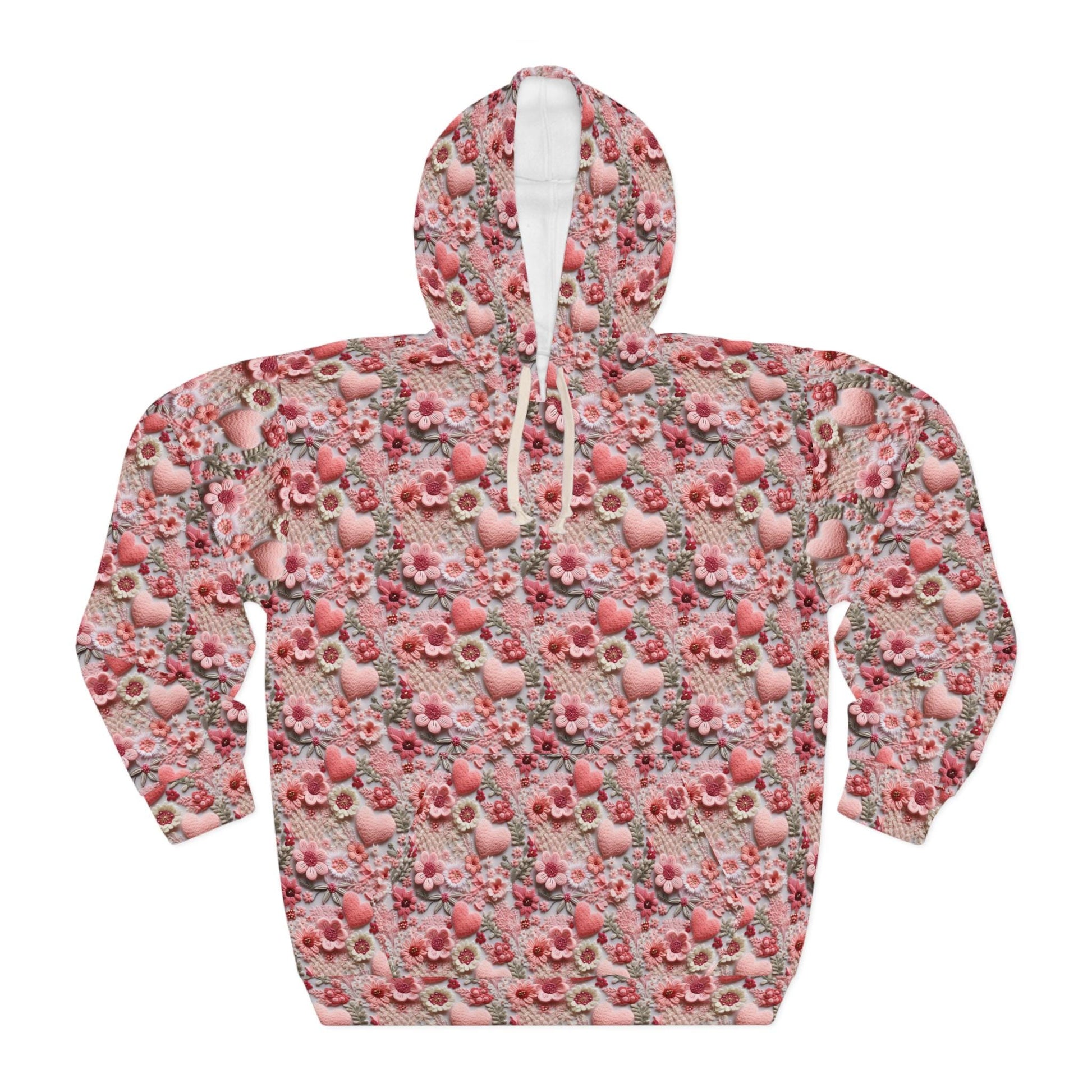 Pink Floral Heart Happiness Women's Pullover Hoodie, Cozy Sweatshirt, Gift for Her, Cute Floral Sweater, Casual Streetwear, Spring Fashion