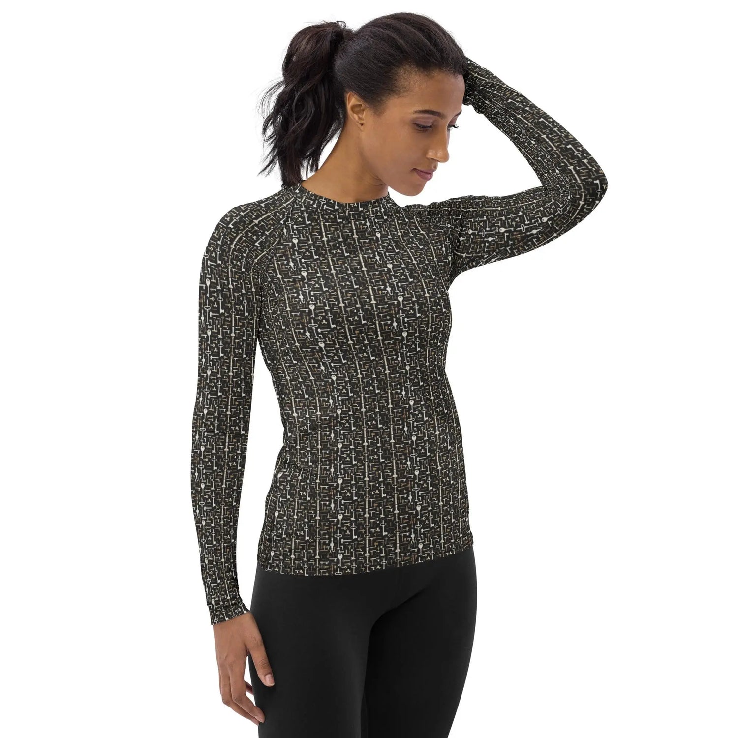 Womens Geometric Key Design Rashguard - Seamless All-Over Print, Stylish Everyday Top for Active & Casual Wear