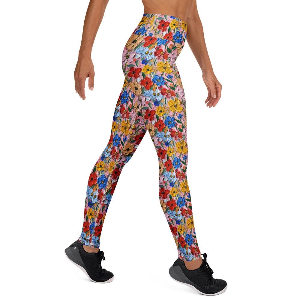 Simulated Painted Floral Print Leggings | Unique All-Over Pattern | Stretchy, Comfortable & Stylish | Perfect for Yoga, Casual, or Workout