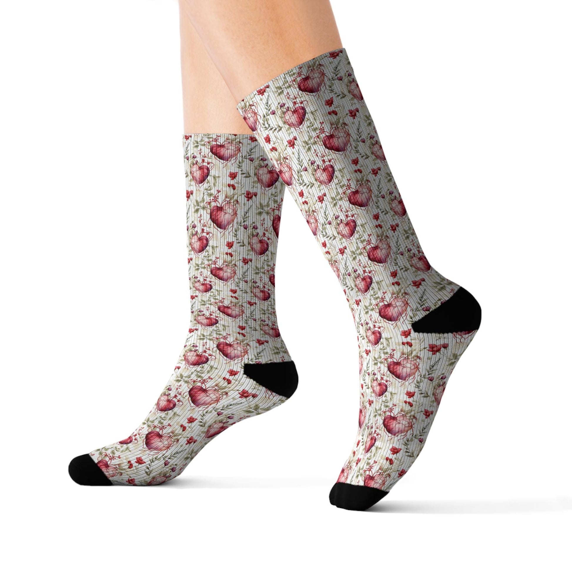 Romantic Hearts Sublimation Socks, Cute Gift for Her, Valentines Gift, Cozy Pair, Everyday Fashion Accessories