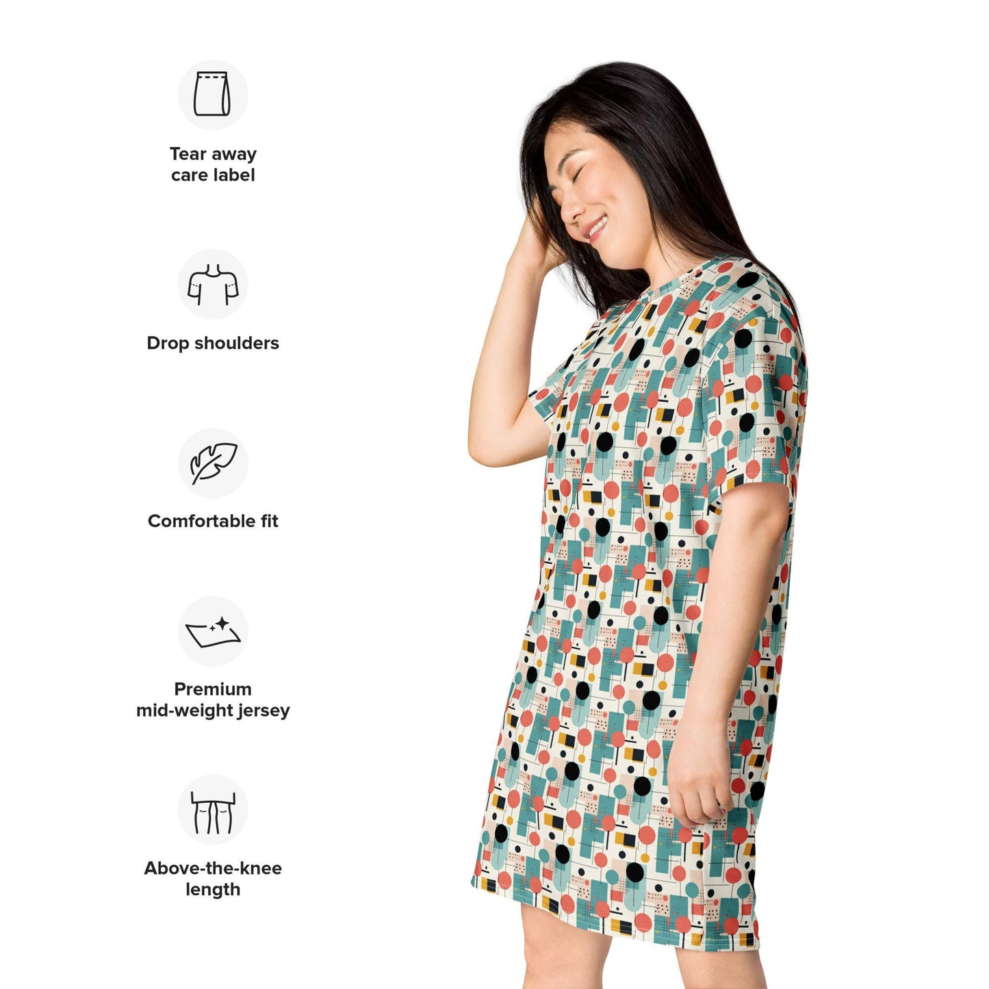 90&#39;s Retro Geometric Print Women’s Shirt Dress – Bold, Stylish & Timeless T-shirt dress Everyday Female Wear