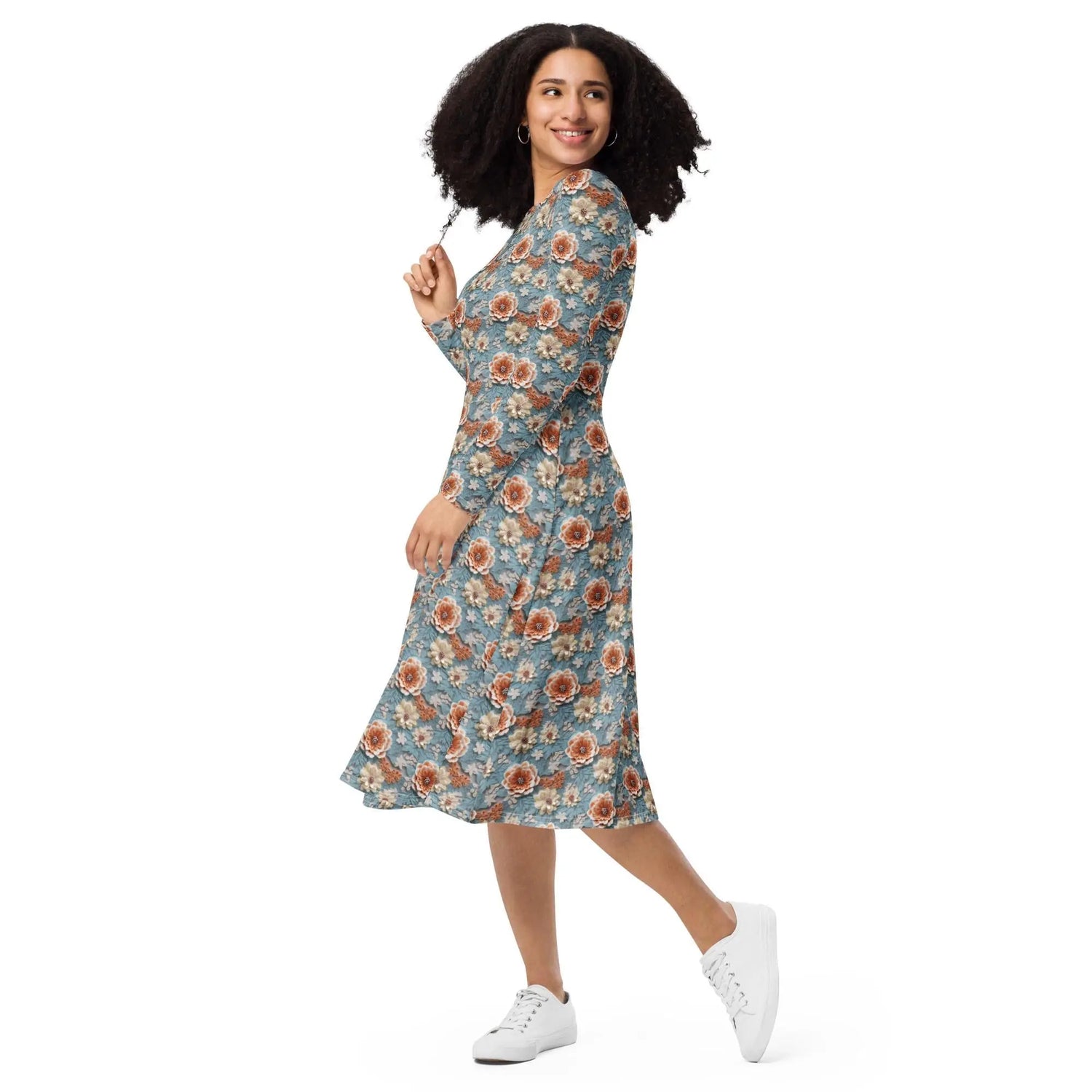 Stunning All-Over Floral 3D Print Long Sleeve Midi Dress – Elegance Meets Style All-over pattern casual fun dress