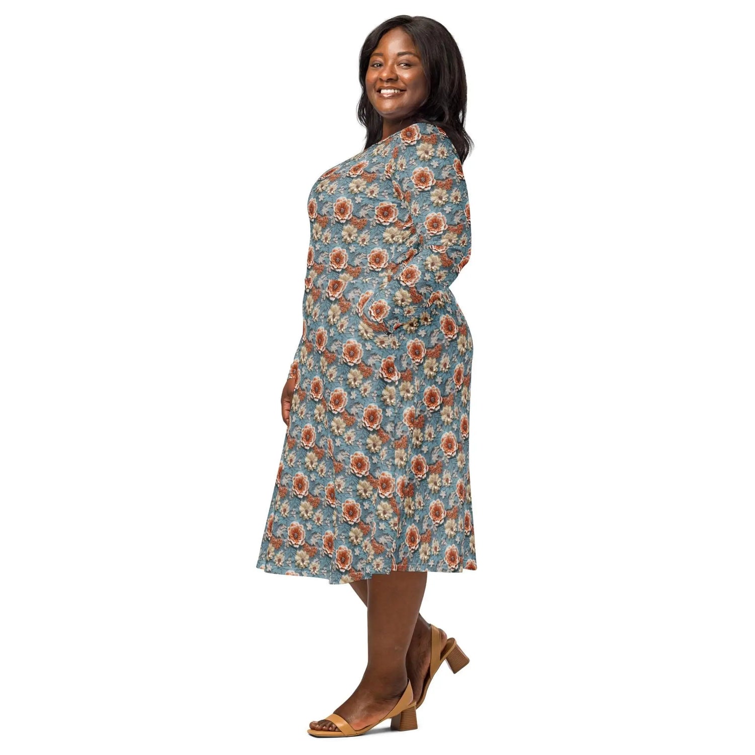 Stunning All-Over Floral 3D Print Long Sleeve Midi Dress – Elegance Meets Style All-over pattern casual fun dress