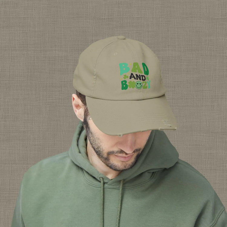 Bad and Boozy Distressed Cap, Perfect for St. Patricks Day, Casual Outings, Gift for Friends, Trendy Fashion Accessory, Unisex hat