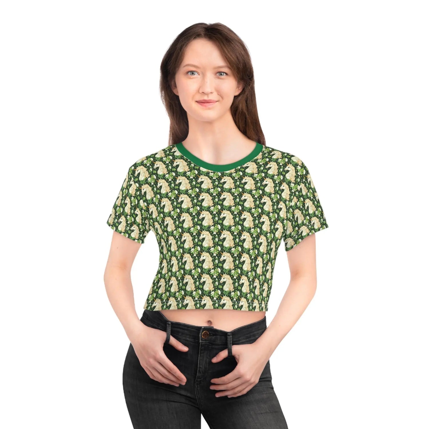 Unicorn Pattern Crop Tee - Whimsical Summer Top for Unicorn Lovers, Festival Wear, Gift for Her, Vintage Style, Casual Chic