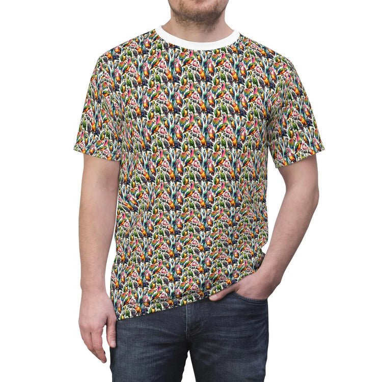 Vibrant Tropical Bird Tee | Colorful Unisex Cut & Sew Tee, Summer Shirt, Nature Lover Apparel, Gift for Bird Watchers, Eco-Friendly Fashion