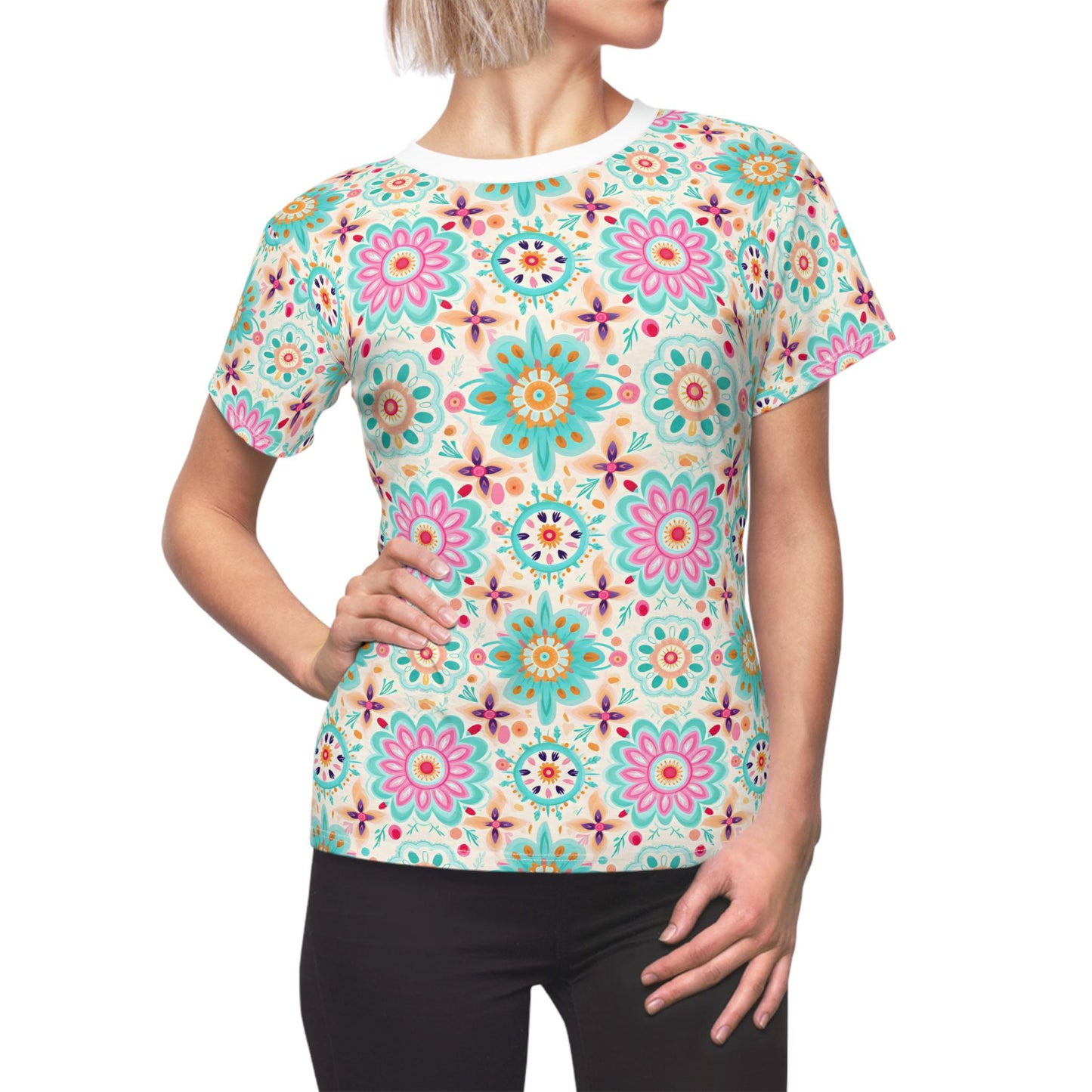 Floral Women's Cut & Sew Tee, Boho Shirt, Casual Summer Top, Gift for Her, Floral Print T-Shirt