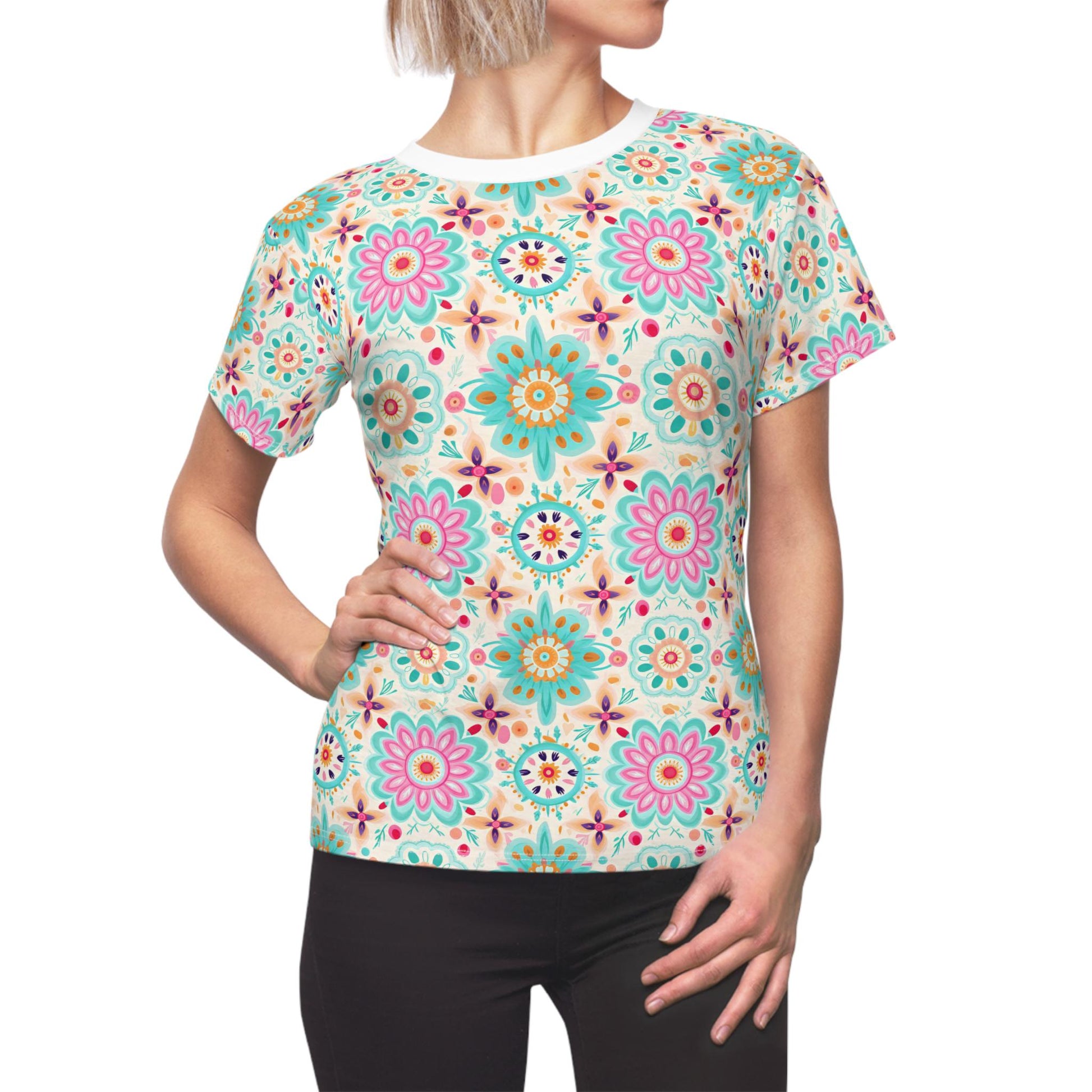 Floral Women's Cut & Sew Tee, Boho Shirt, Casual Summer Top, Gift for Her, Floral Print T-Shirt