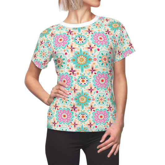 Floral Women's Cut & Sew Tee, Boho Shirt, Casual Summer Top, Gift for Her, Floral Print T-Shirt
