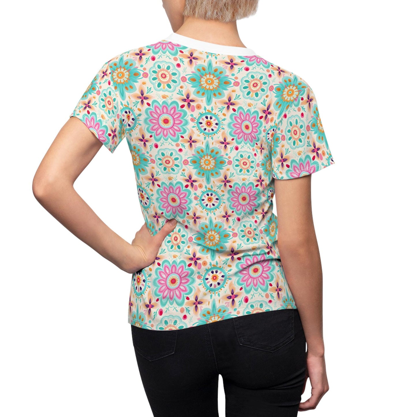 Floral Women's Cut & Sew Tee, Boho Shirt, Casual Summer Top, Gift for Her, Floral Print T-Shirt
