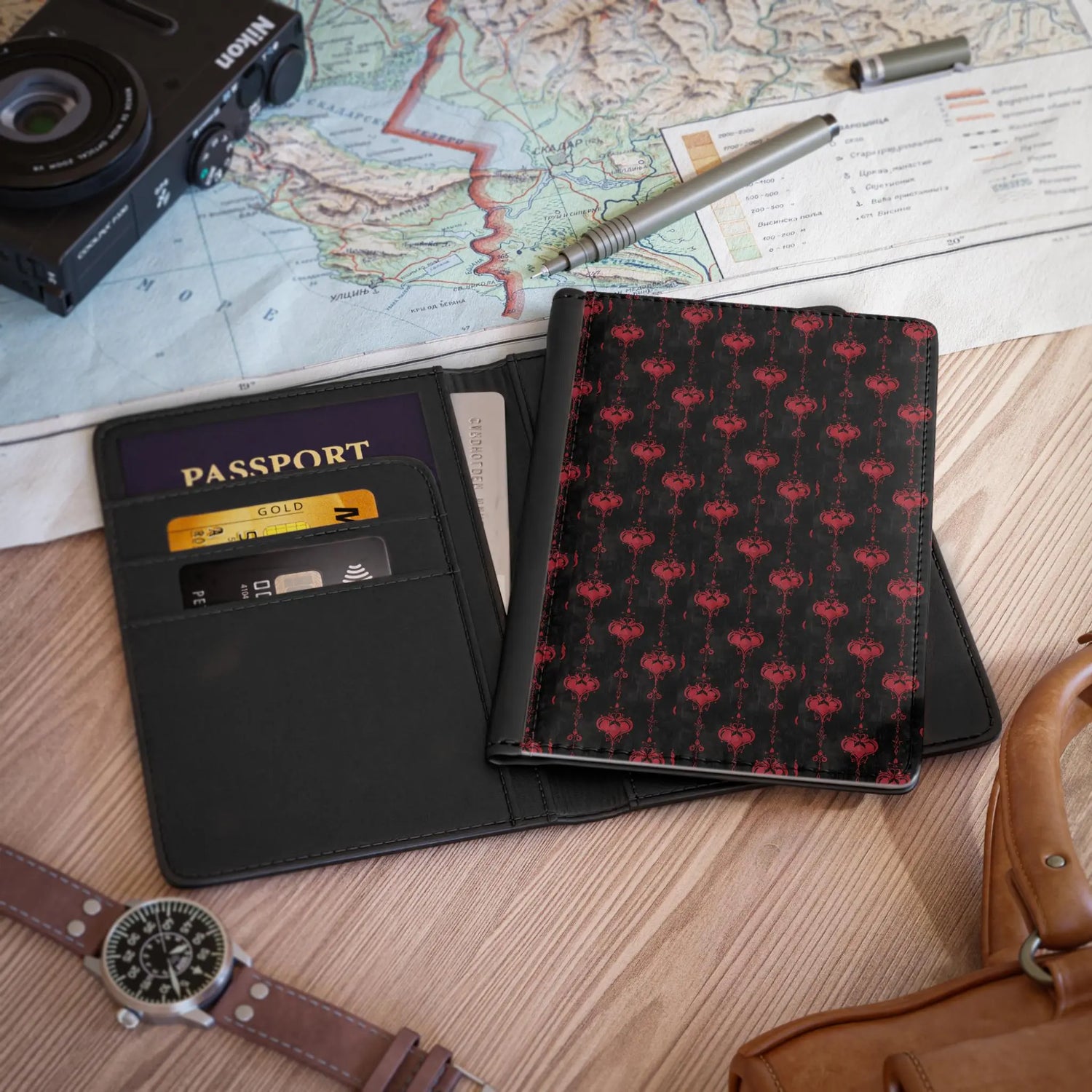Stylish Passport Cover with Red Pattern, Travel Accessory Gift, Personalized Luggage Item, Elegant Travel Essential, Best for Vacations and