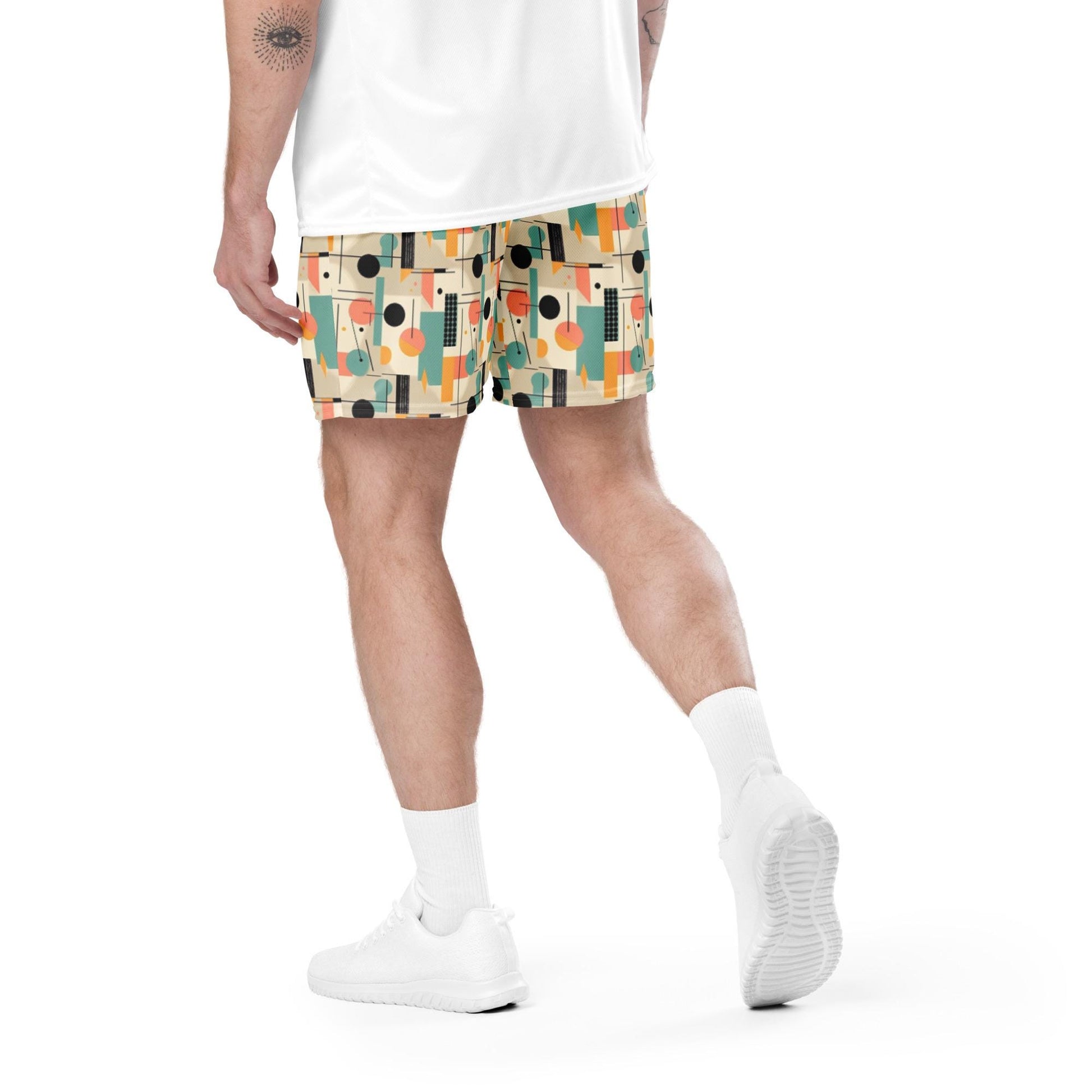 Men&#39;s Geometrical Colorful 90&#39;s Look Mesh Shorts | Retro Vintage Style | Bold Breathable | Perfect for Summer & Casual Wear