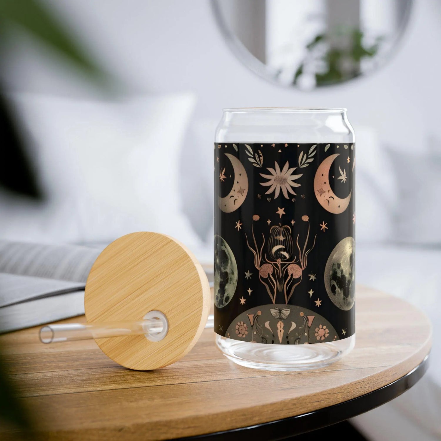 Celestial Sipper Glass, 16oz - Astrology Drinkware, Moon Phase Cup, Starry Night Tumbler, Boho Style Beverage Holder, Eco-Friendly Glass