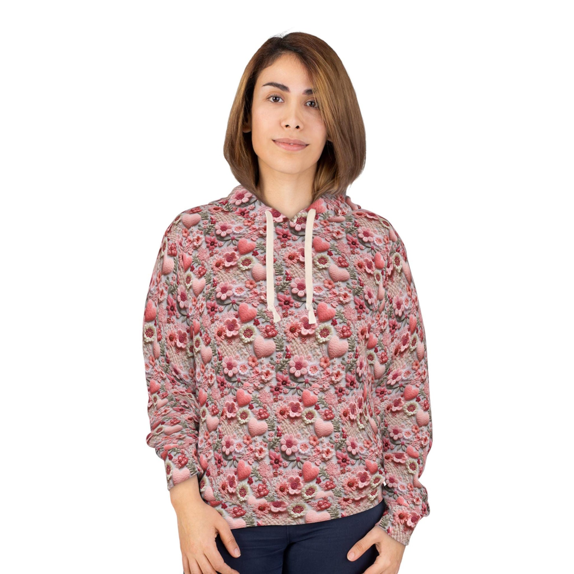 Pink Floral Heart Happiness Women's Pullover Hoodie, Cozy Sweatshirt, Gift for Her, Cute Floral Sweater, Casual Streetwear, Spring Fashion