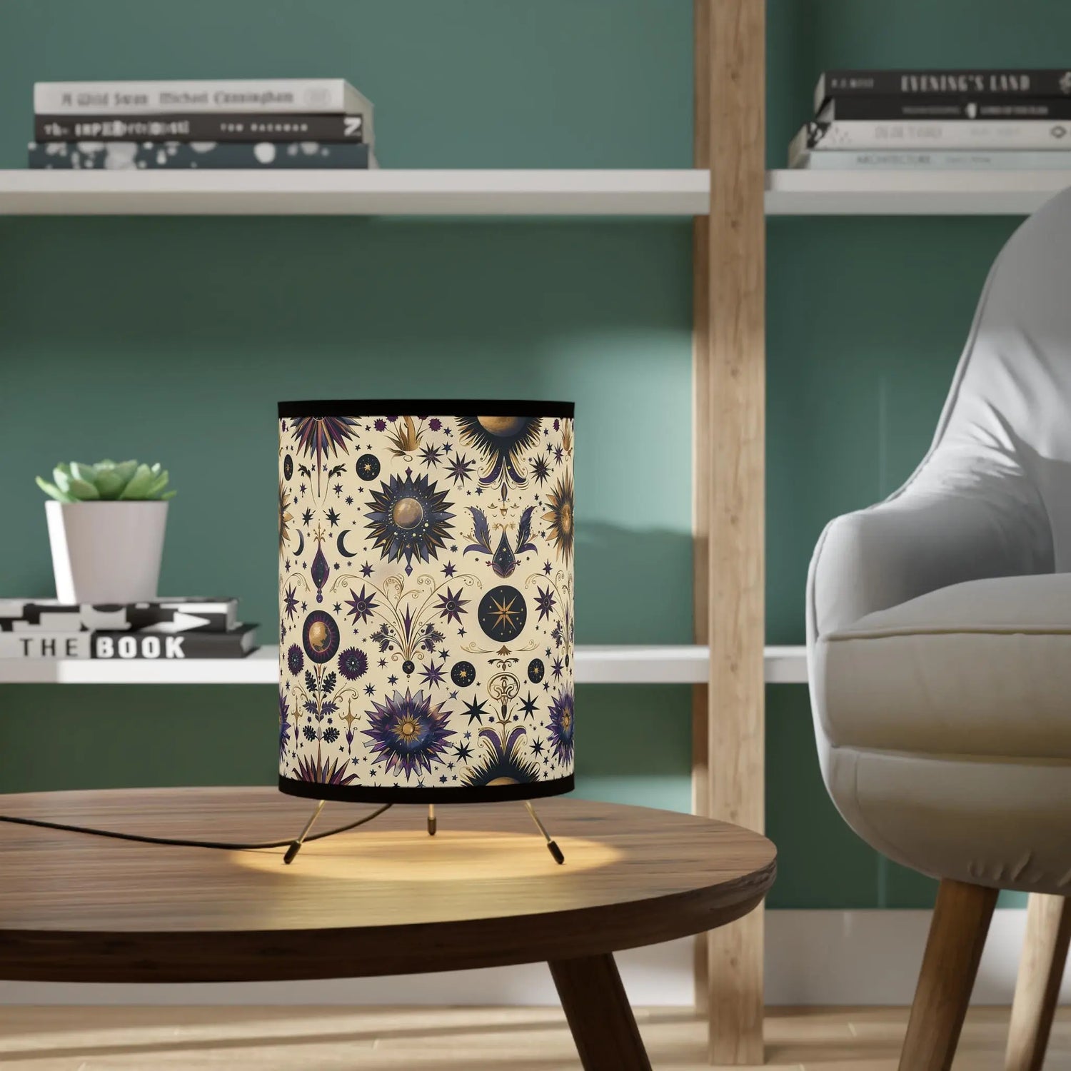 Bohemian Tripod Lamp with Celestial Design Shade, Home Decor, Meditative Lighting, Gift for Housewarming, Boho Aesthetic, Unique Night Light