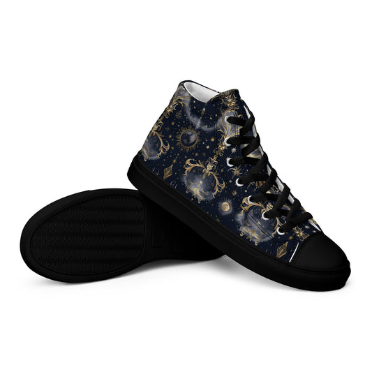 Men&#39;s Celestial High Top Canvas Shoes - Unique All-Over Print Design, Cosmic Star Pattern, Custom Fashion Footwear