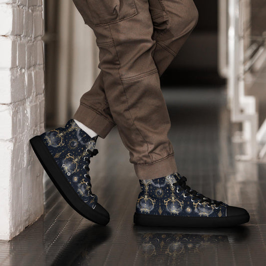 Men&#39;s Celestial High Top Canvas Shoes - Unique All-Over Print Design, Cosmic Star Pattern, Custom Fashion Footwear