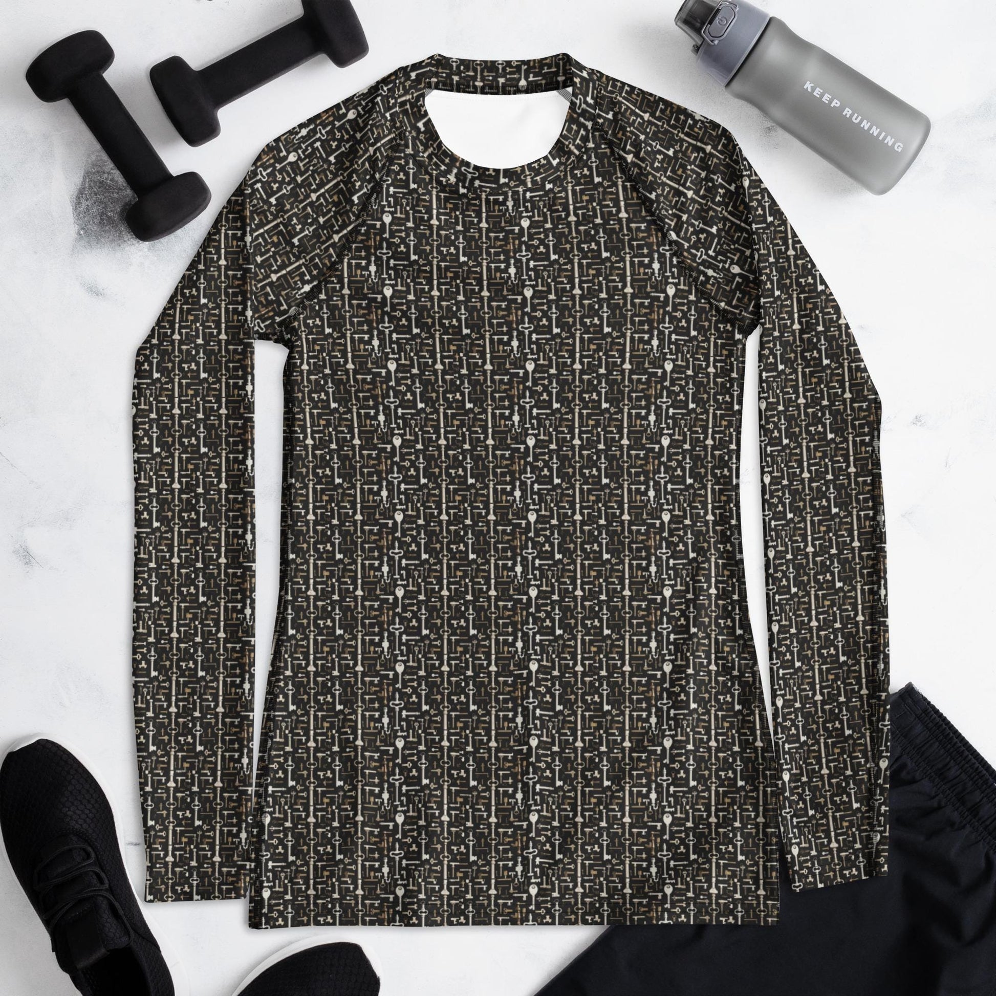 Women&#39;s Geometric Key Design Rashguard - Seamless All-Over Print, Stylish Everyday Top for Active & Casual Wear