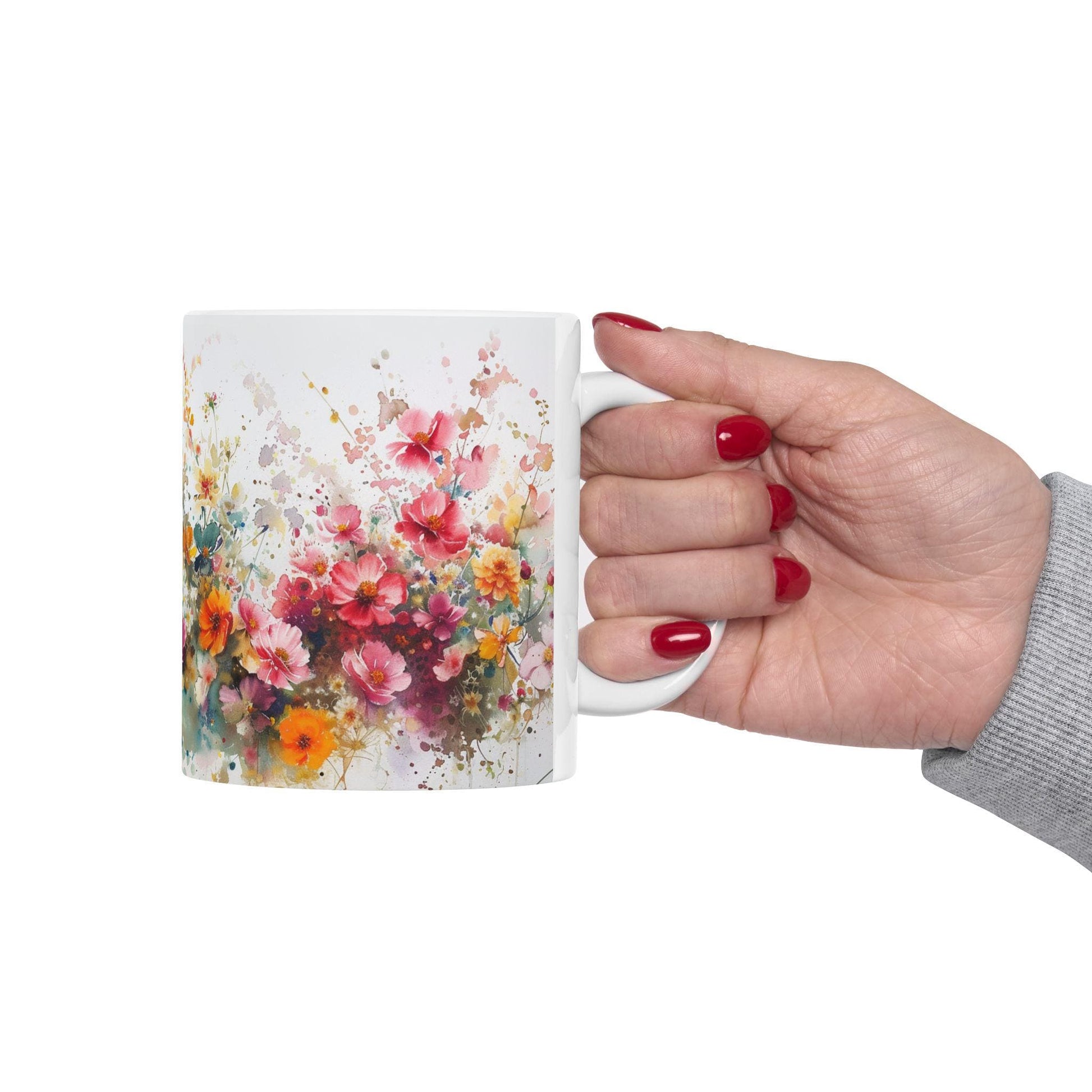 Floral Art Ceramic Mug - Colorful Flower Design, Gift for Her, Morning Coffee Mug, Tea Lover's Gift, Spring Decor