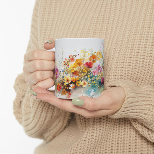 Floral Art Ceramic Mug - Colorful Flower Design, Gift for Her, Morning Coffee Mug, Tea Lover&#39;s Gift, Spring Decor