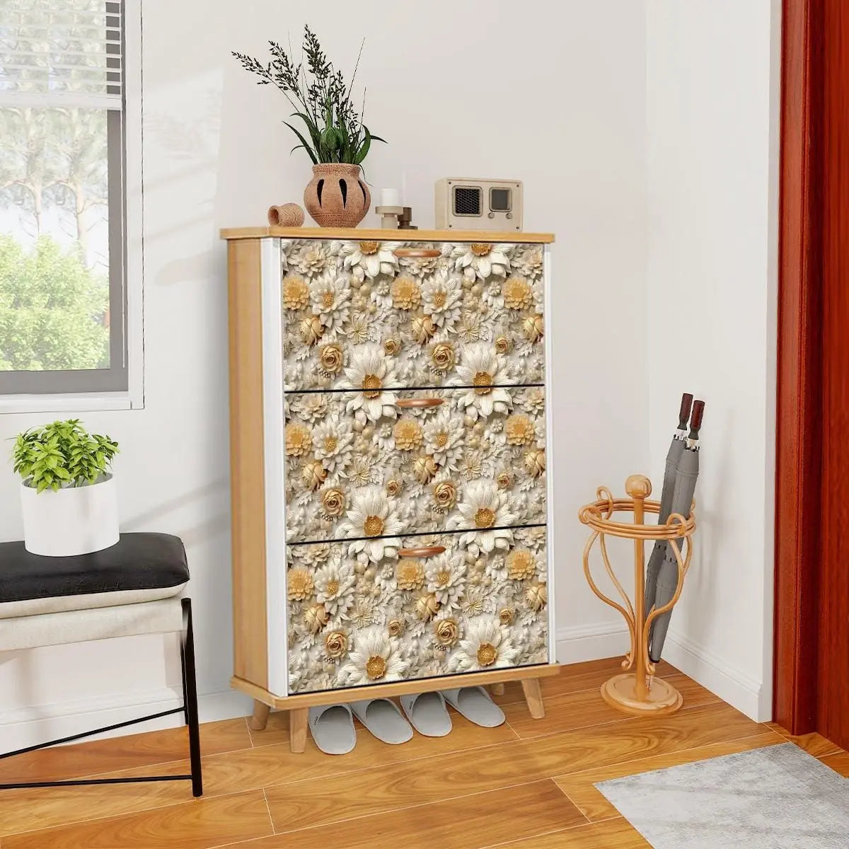 Floral Shoe Cabinet (Made in USA), Designer Home Office Shoe Organizer, Great Gift