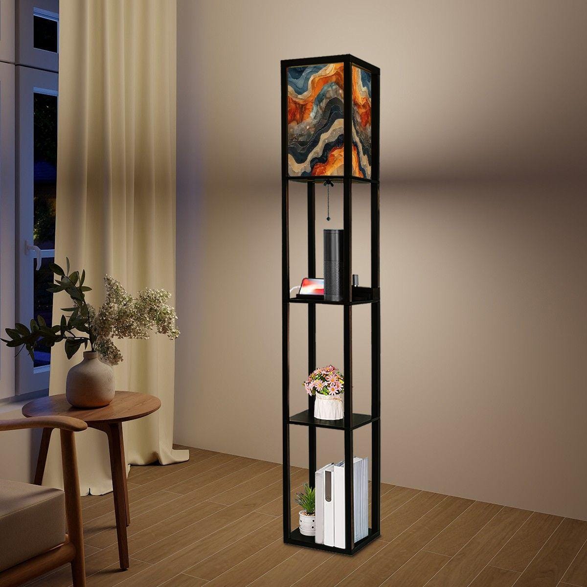 Floor Lamp with Shelves (Made in USA), Earth Tone Marble Unique Stylish Modern Home Lighting Decor