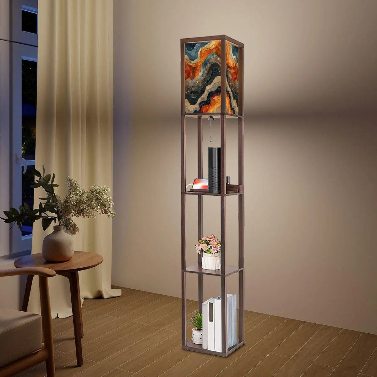 Floor Lamp with Shelves (Made in USA), Earth Tone Marble Unique Stylish Modern Home Lighting Decor