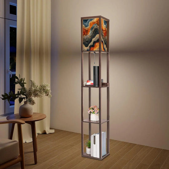 Floor Lamp with Shelves (Made in USA), Earth Tone Marble Unique Stylish Modern Home Lighting Decor
