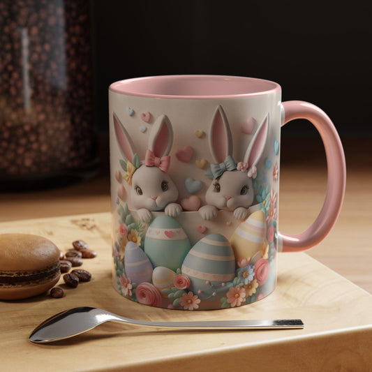 3D Easter Bunnies Coffee Mug, Spring Holiday Tea Cup, Easter Bunny Kitchen Decor, Cute Rabbit Drinkware, Pastel Easter Mug