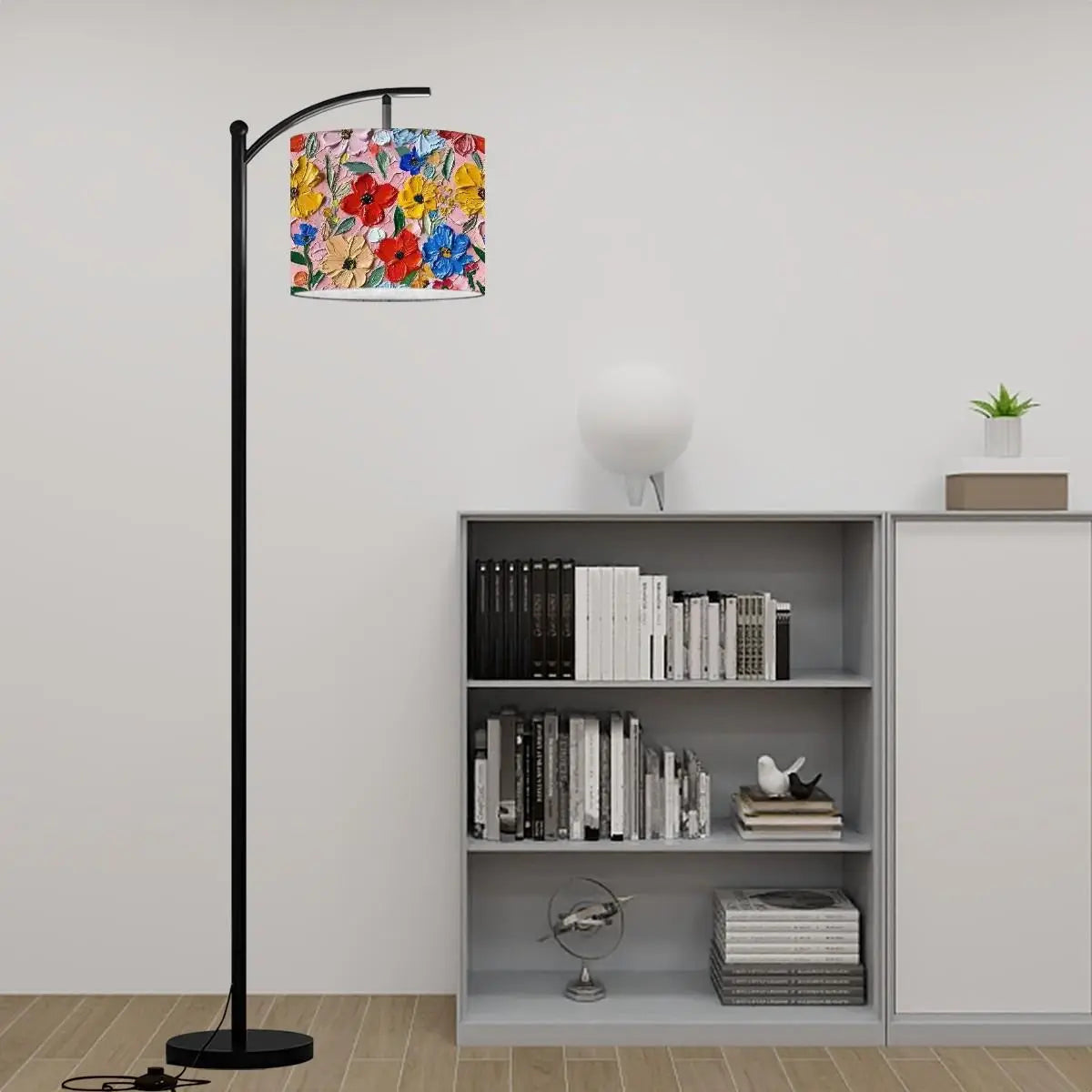 Floral Oil Painting Simulation Arc Floor Lamp (Made in USA), Designer Style Fashion Home Decor, Great Gift