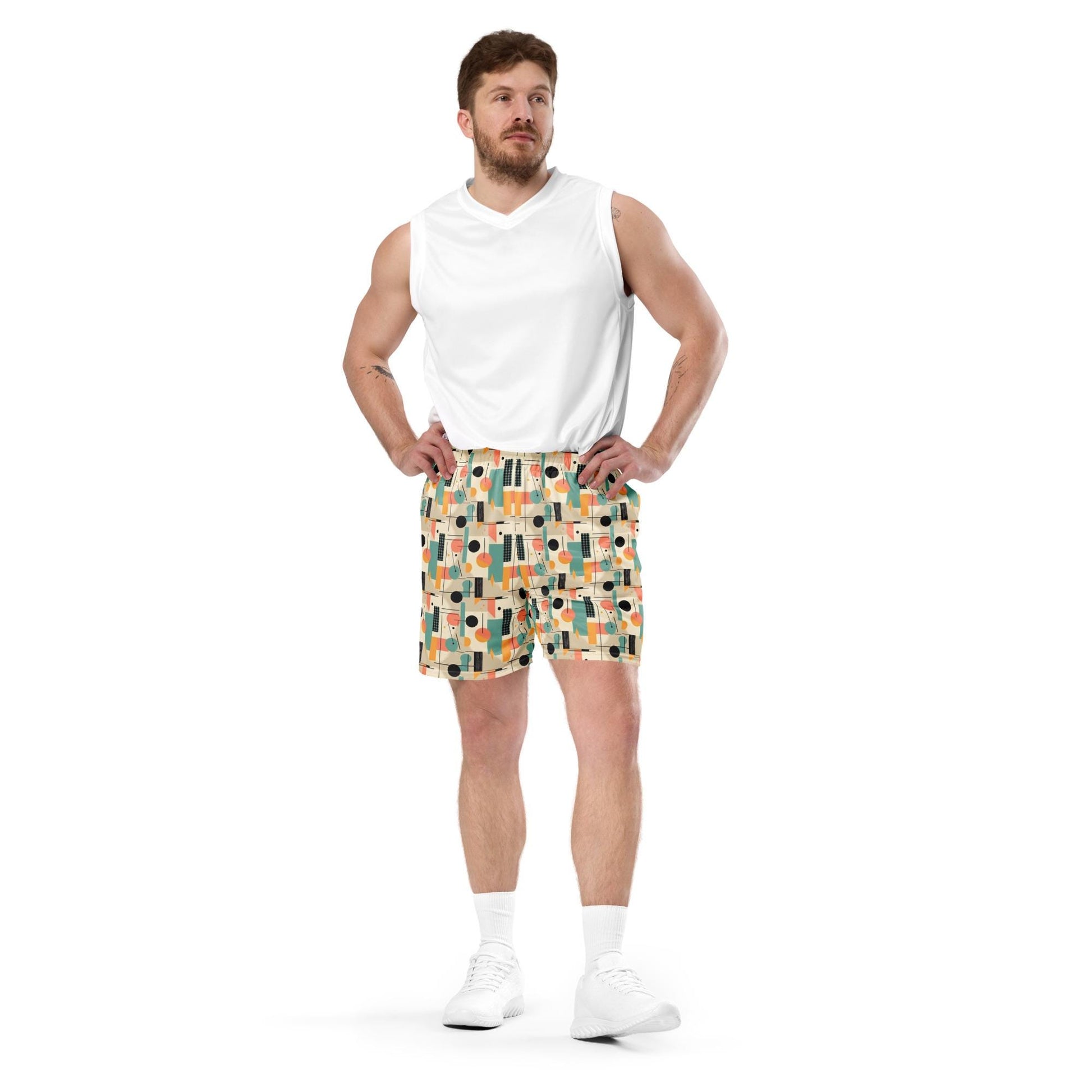 Men&#39;s Geometrical Colorful Look Mesh Shorts | Retro Vintage Style | Bold Breathable | Perfect for Summer & Casual Wear